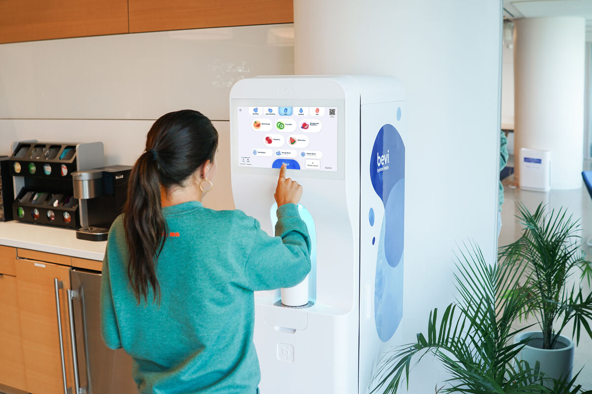 Bevi smart water dispenser with touchscreen and flavored water options