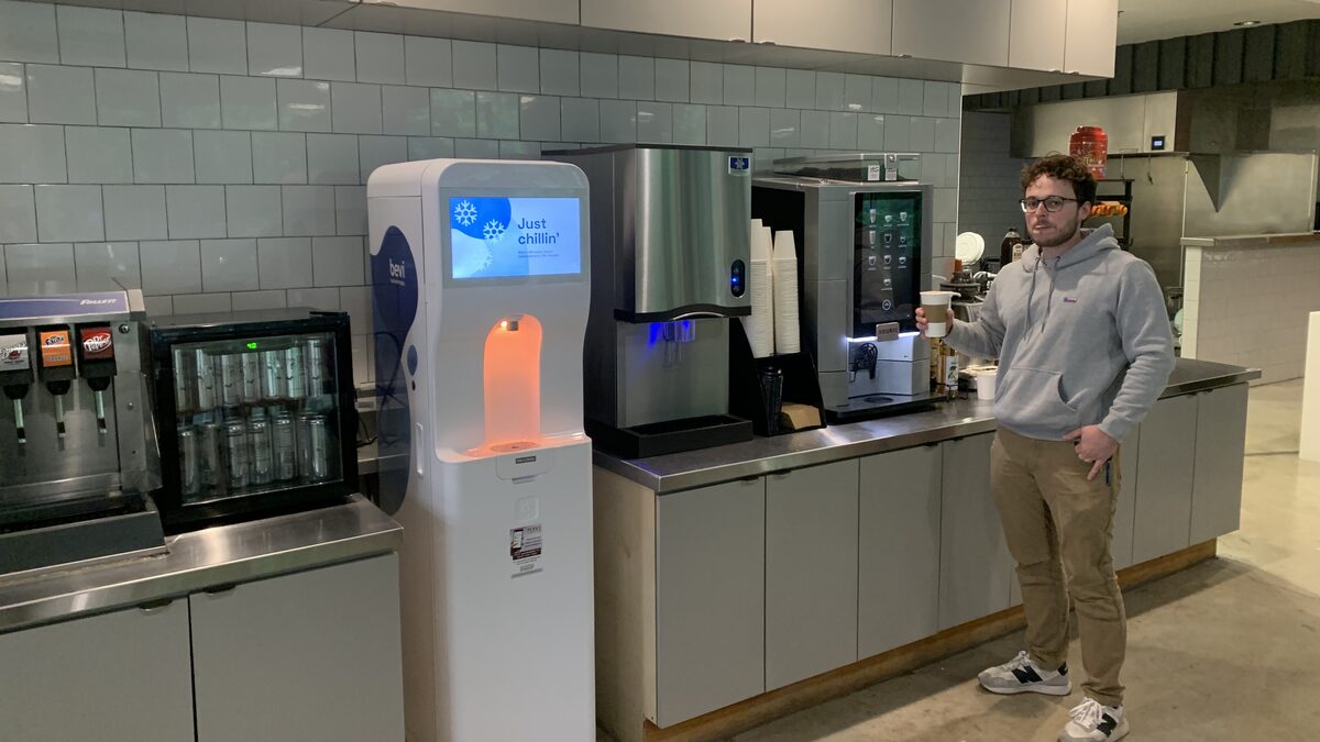 An office breakroom run by Perks + Provisions: soda fountain, drink cooler, Bevi water dispenser, ice machine and bean-to-cup coffee machine