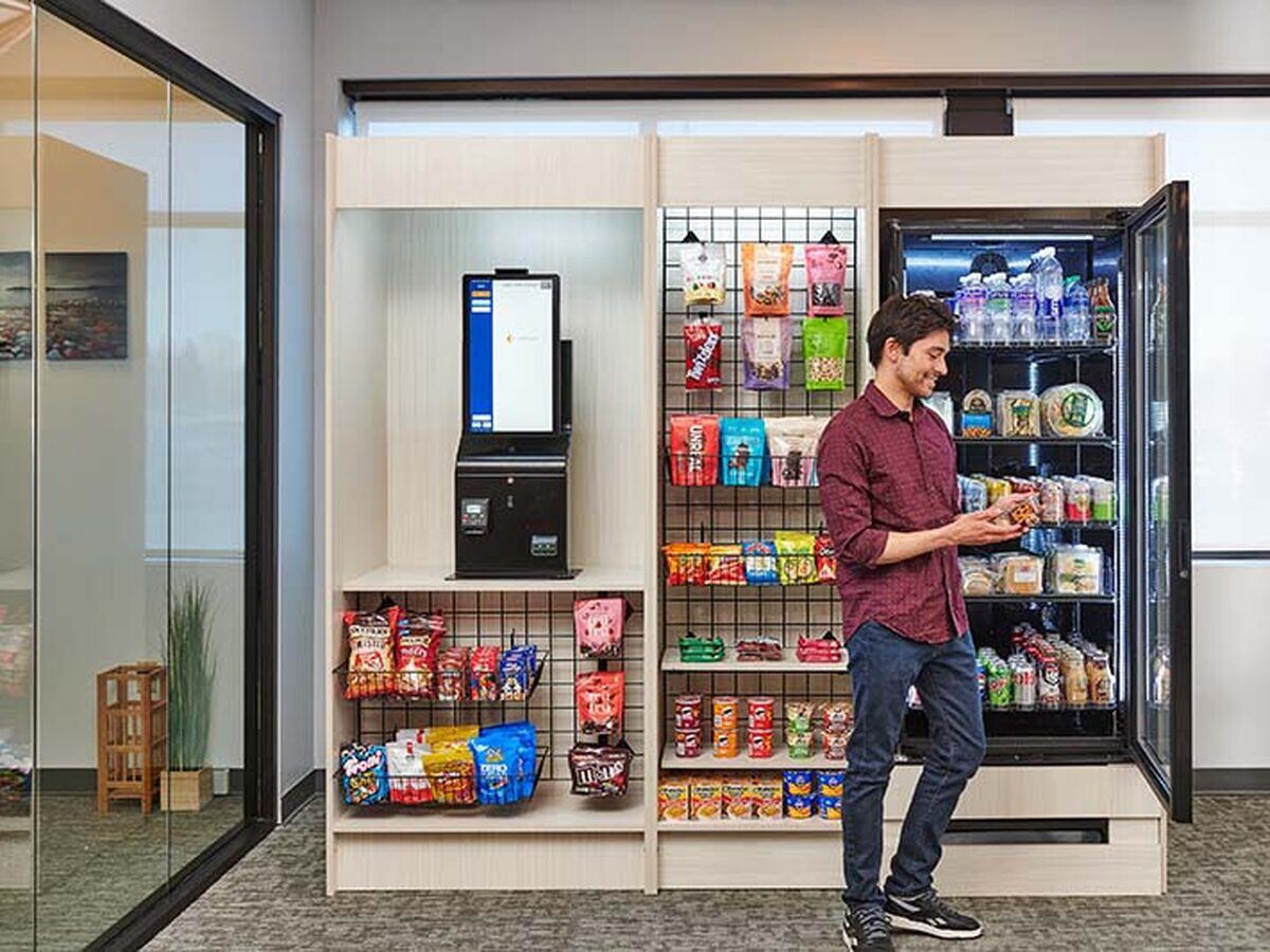 Office micro market shelves stocked with healthy snacks and drinks