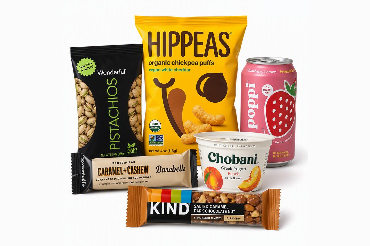 A curated selection of office pantry snacks — pistachios, chickpea puffs, protein bars, Greek yogurt, and sparkling drinks