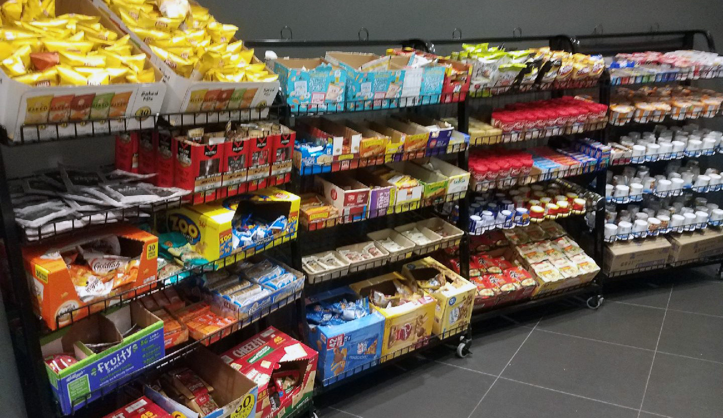 Break room pantry with drinks and snack selections
